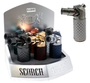 61846-1/Scorch Torch/4" Powerful Single Torch Lighter with Flame Lock/Assorted Designs & Colors/6ct