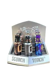 61857-1/Scorch Torch/5" Tall Single Flame Titian Metal Torch w/ Flame Lock & Side Push Igition/Assorted Designs/9ct