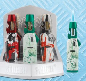 61866-1/Scorch Torch/6" Tall Single Flame Torch w/ Bottle Opener Nozzle & Lock/Assorted Colors & Designs 9pcs/Box