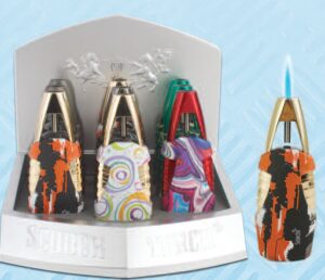 61874-1/Scorch Torch/5" Tall Single Flame Torch Lighter w/ Side Ignition Button/Assorted Colors Designs 9pcs/Box