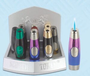 61875-1/Scorch Torch/4.75" Tall Single Flame Ergo Cylindrical Torch Lighter w/ Push Button Ignition/Assorted Colors 9pcs/Box