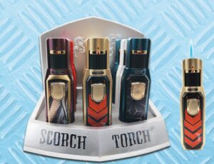 61882-1/Scorch Torch/5.75" Tall Single Flame Torch Lighter w/ 3 Selectable Nozzles (Jet, Color Changing & After Burner), Ignition Lock/Assorted Colors/Designs 9pcs/Box
