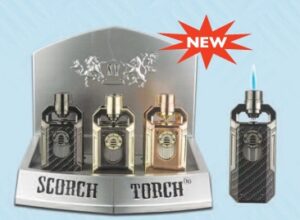 61885-1/Scorch Torch/4.3" Tall Heavy Single Flame Metal Torch Lighter pull down ignition button/Assorted Colors/9ct