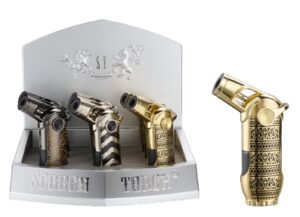 61895-1/Scorch Torch/4" Tall Single Flame Metal Torch Lighter/Assorted Colors/ Designs/9ct